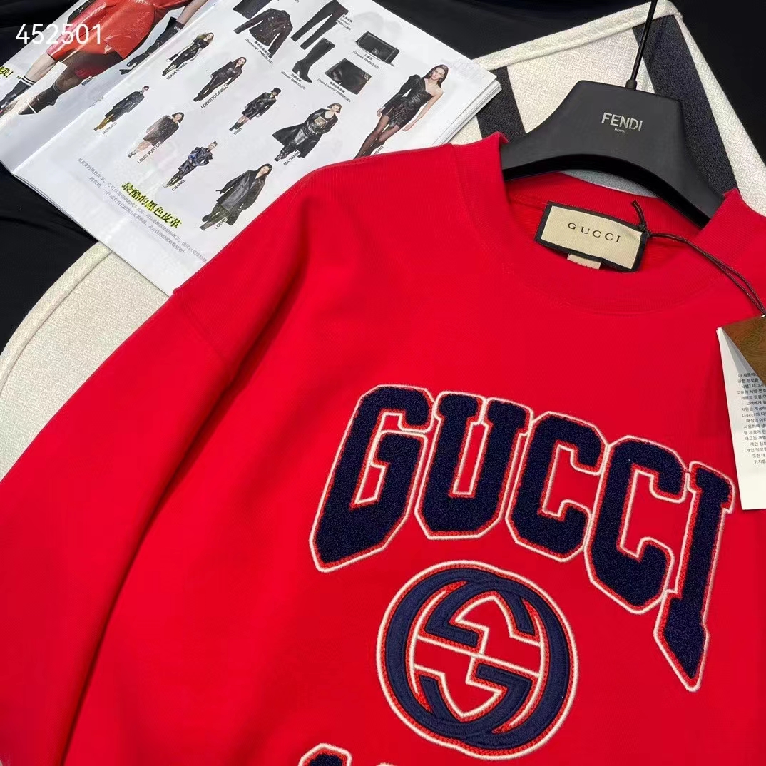 Gucci Women GG Cotton Jersey Sweatshirt 1921 Embroidery Red Crewneck Dropped Shoulder Style ‎768530 XJF3O 6429