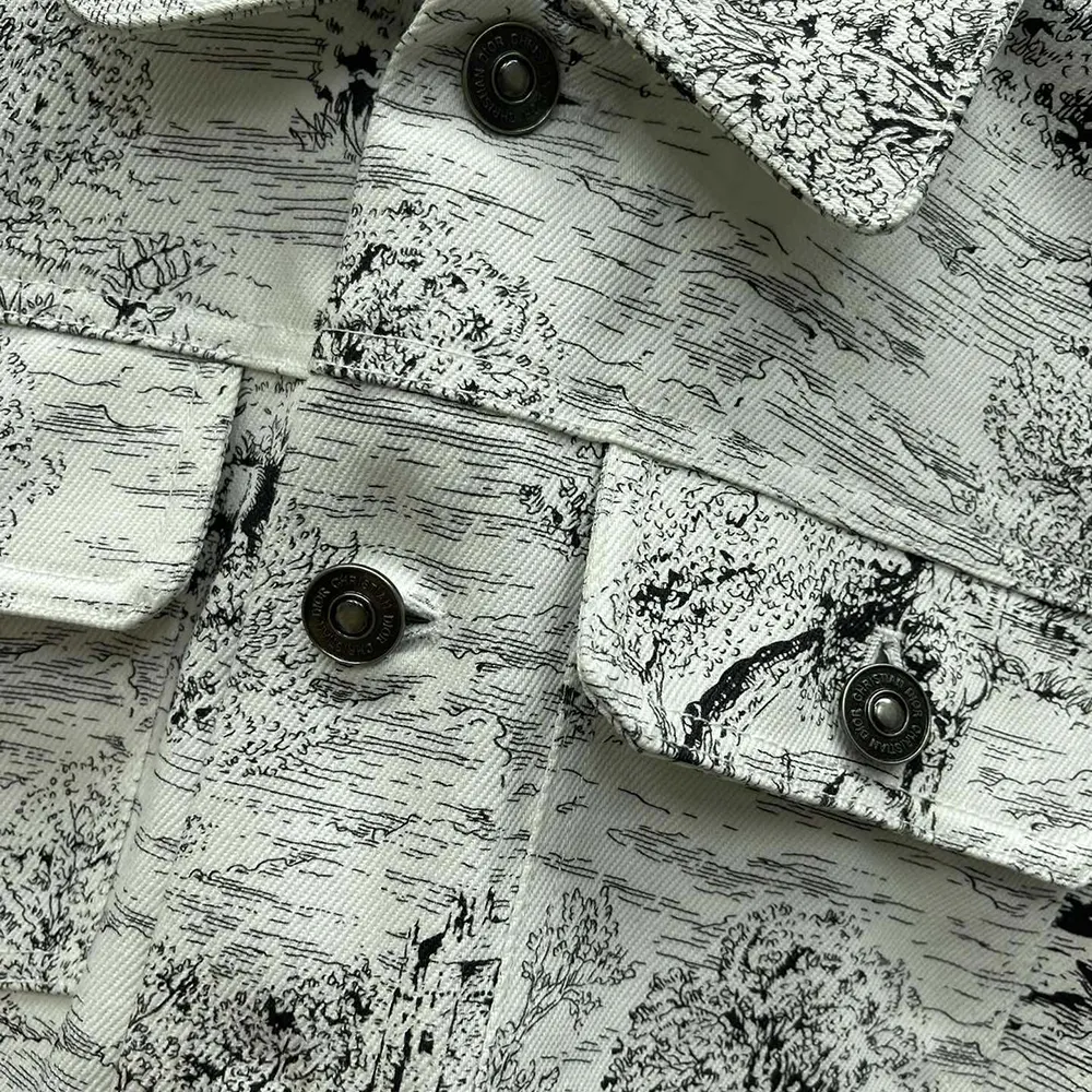 Dior Men Jacket White Cotton Denim with Blue Toile de Jouy Scotland Motif