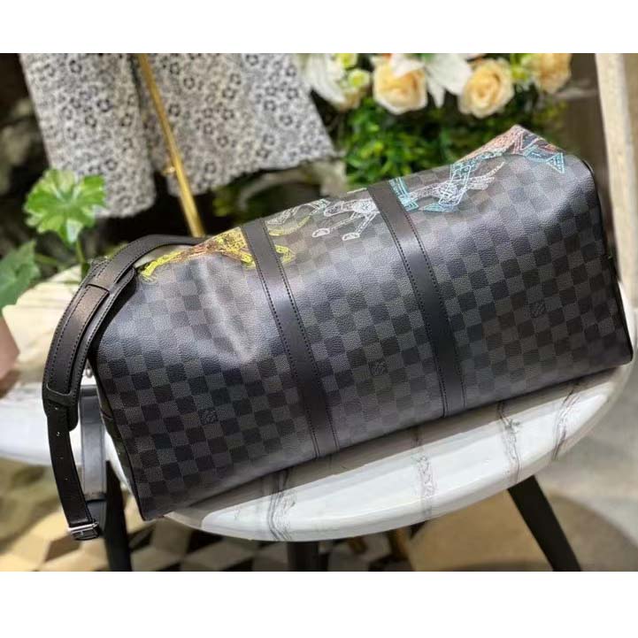 Louis Vuitton LV Unisex Keepall 50B Damier Graphite Stamps Coated Canvas