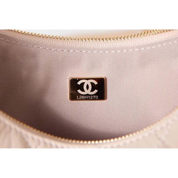 Chanel Women CC Small Hobo Bag Lambskin Shiny Light Gold Metal Ecru