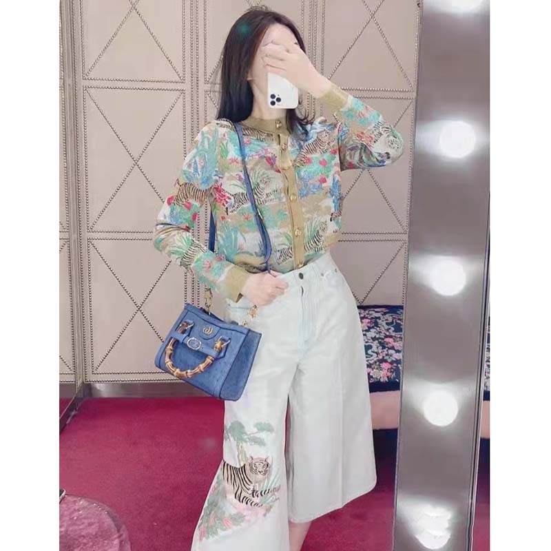 Gucci Women GG Tiger Jacquard Cardigan Gold Green Tiger Flower Extra Fine Lurex Crewneck