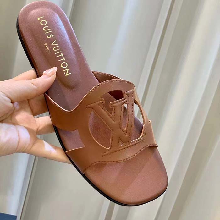 Louis Vuitton LV Unisex Isola Flat Mule Cognac Brown Calf Leather Circle Signature