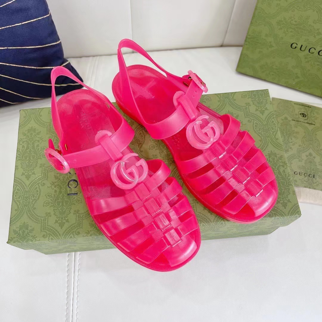 Gucci Unisex GG Sandal Double G Pink Transparent Rubber Sole Ankle Buckle Flat