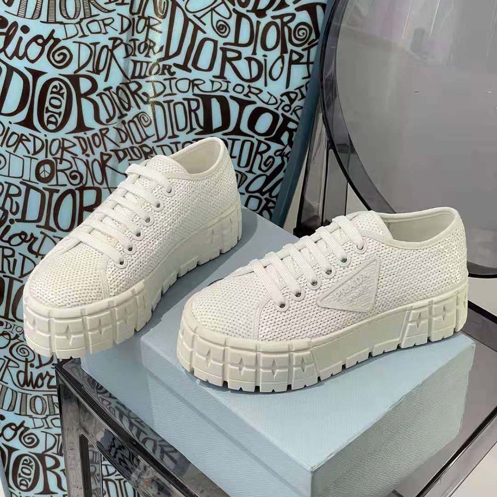 Prada Women Double Wheel Sequin Sneakers-White