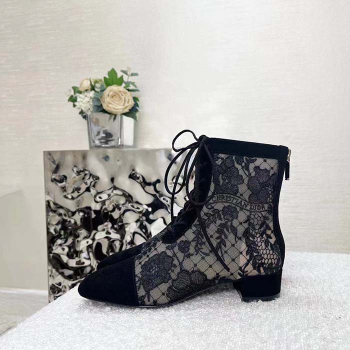 Dior Women Shoes CD Naughtily-D Ankle Boot Black Transparent Mesh Suede Embroidered Roses