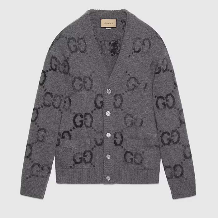 Gucci Women Wool Cardigan GG Intarsia Grey Allover V-Neck Dropped Shoulder Long Sleeves Style ‎770507 XKDSJ 1128