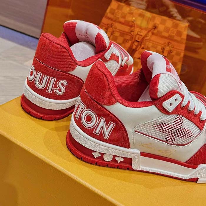 Louis Vuitton LV Unisex LV Trainer Sneaker Red Monogram Denim Rubber Outsole
