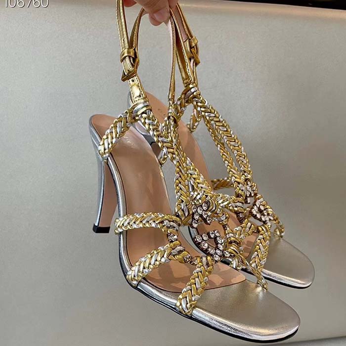 Gucci Women GG Nojum High Heel Sandal Metallic Platinum Silver Braided Leather 9 CM