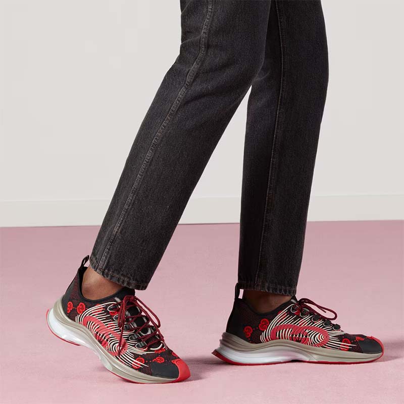 Gucci Unisex GG Run Sneaker Black Red Technical Knit Fabric Rubber Interlocking G