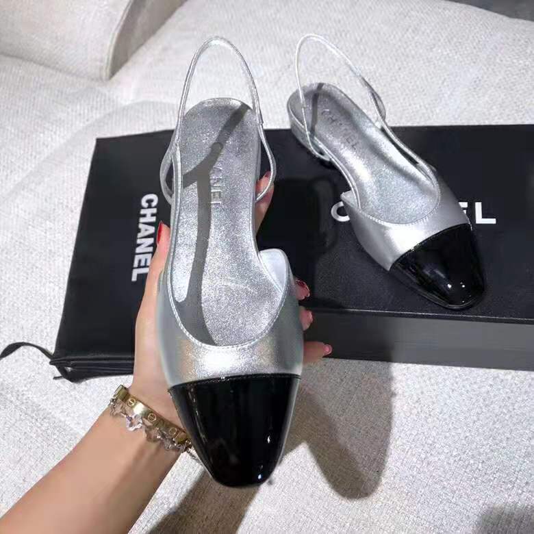 Chanel Women Slingbacks in Metallic Lambskin & Satin-Silver