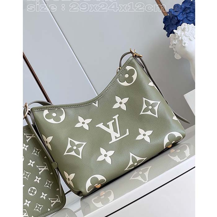 Louis Vuitton LV Women CarryAll PM Bag Light Khaki Cream Monogram Empreinte Embossed Grained Cowhide Leather
