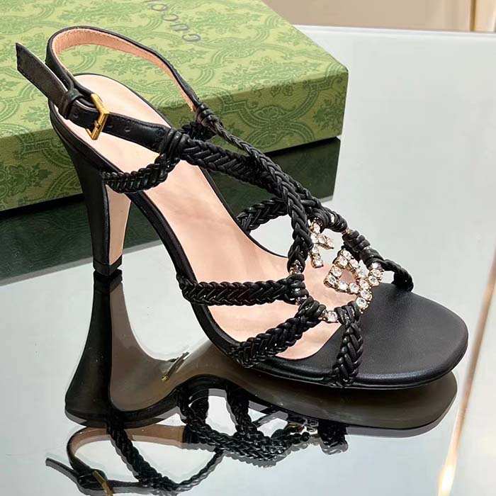Gucci Women Crystal Interlocking G Sandal Black Braided Leather High 9 Cm Heel
