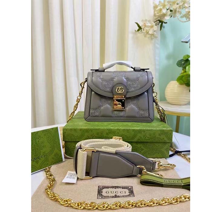 Gucci Women GG Matelassé Small Top Handle Bag Dusty Grey Leather Double G