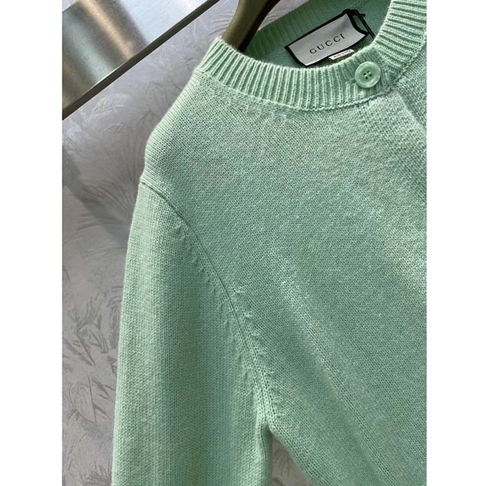 Gucci Women GG Fine Cashmere Cardigan Interlocking G Light Green Crewneck Long Sleeves