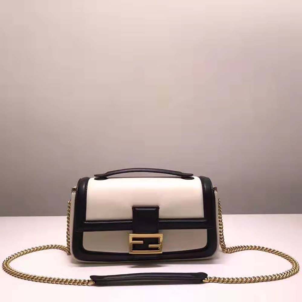 Fendi Women Baguette Chain Black and White Nappa Leather Bag