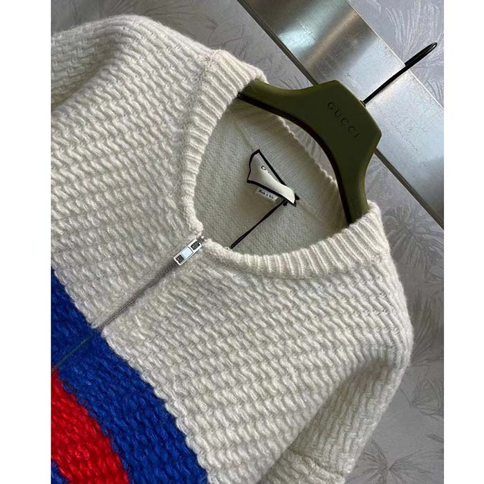 Gucci Women GG Wool Mohair Cardigan Web Knitted Collar Dropped Shoulder Long Sleeves
