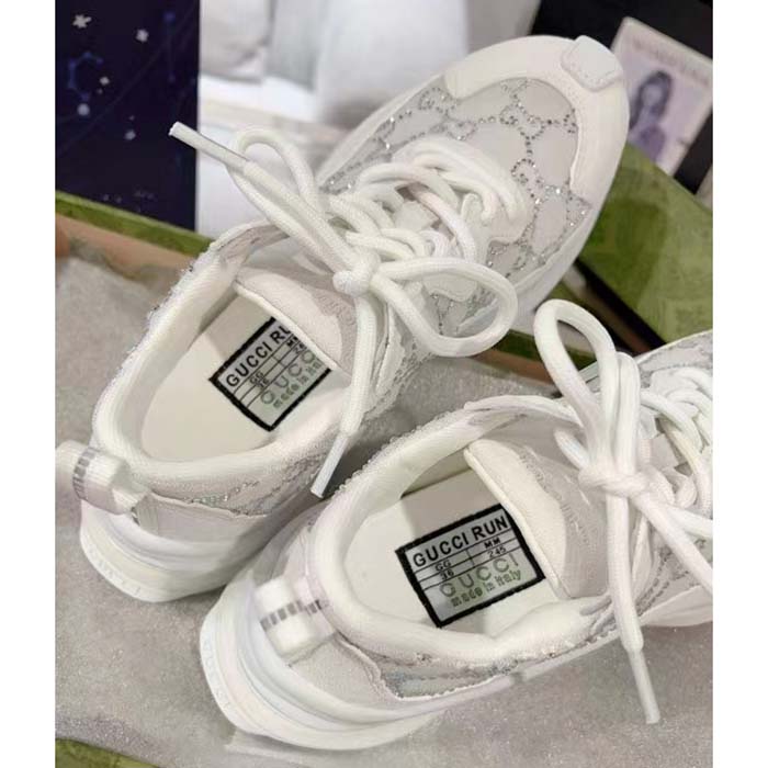 Gucci Unisex GG Gucci Run GG Crystal Mesh Sneaker White Suede Mid 6 CM Heel