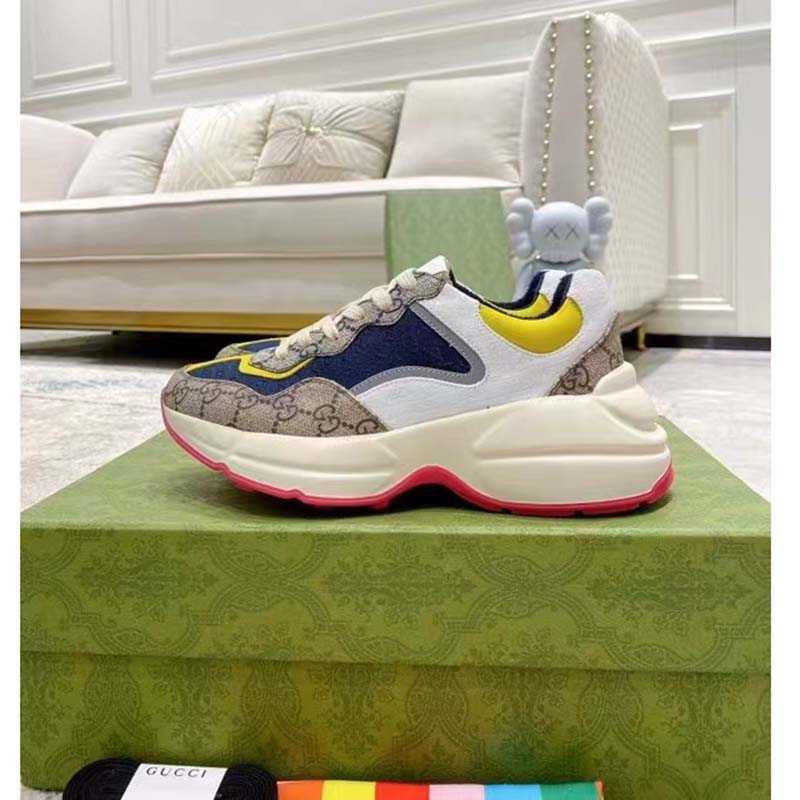 Gucci Unisex Rhyton Sneaker Beige White Blue GG Supreme Canvas Low Heel