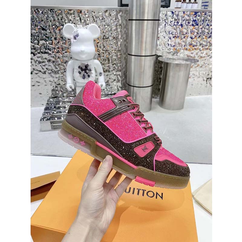 Louis Vuitton LV Unisex Trainer Sneaker Pink Strass Rubber Initials Monogram Flowers