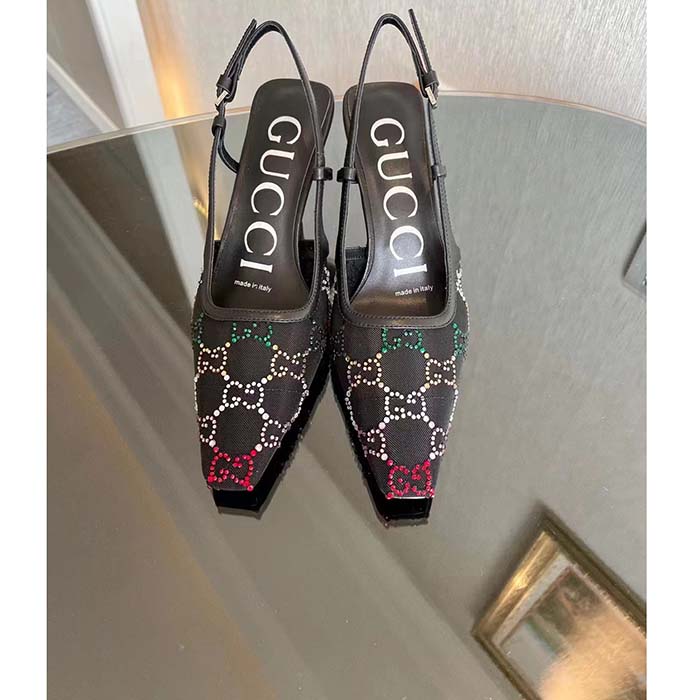 Gucci Women GG Slingback Pump Black GG Crystal Mesh Leather Mid 7.6 cm Heel