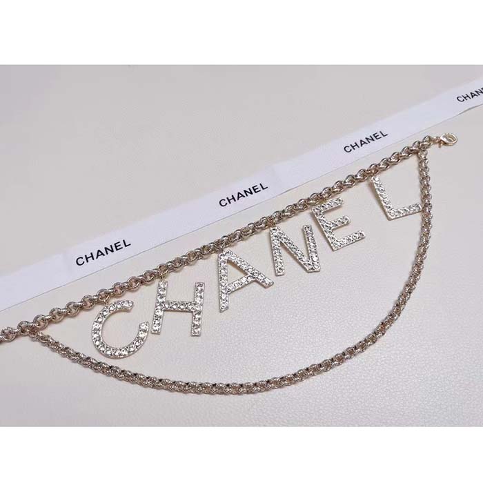 Chanel Women CC Belt Gold Tone Metal White Crystal Glass Diamond Chanel Logo