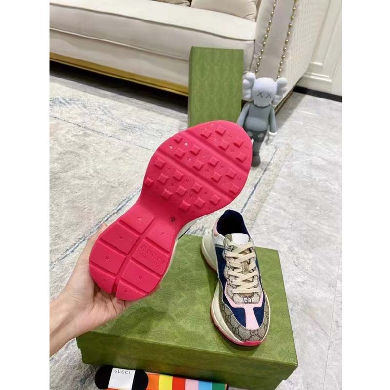 Gucci Unisex GG Rhyton Sneaker Beige Blue Pink GG Supreme Canvas Low Heel