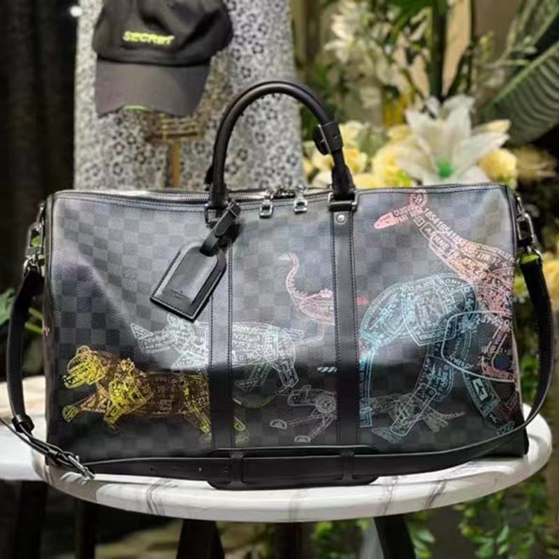 Louis Vuitton LV Unisex Keepall 50B Damier Graphite Stamps Coated Canvas
