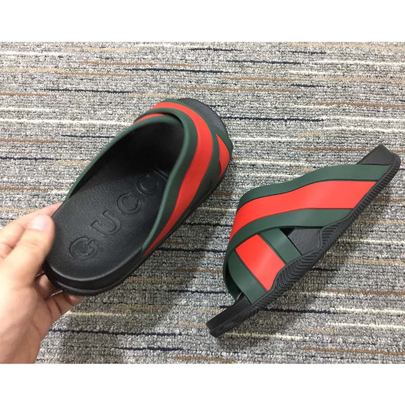 Gucci Unisex Web Slide Sandal Green Red Rubber Web Rubber Sole Low Heel