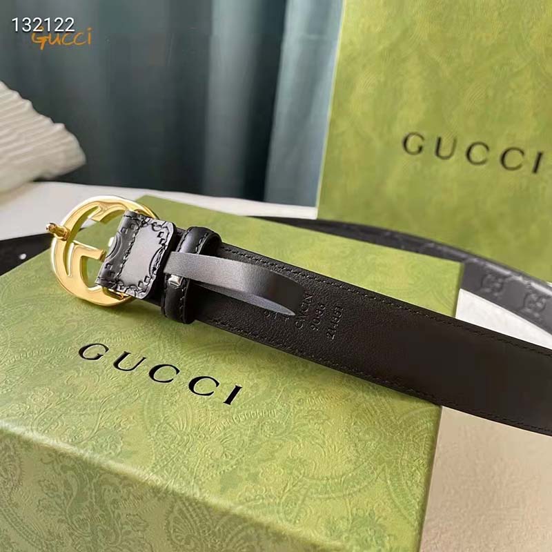 Gucci Unisex GG Signature Leather Belt Interlocking G Buckle Gold Hardware 4 cm Width