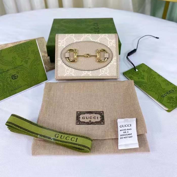 Gucci Unisex Horsebit 1955 Card Case Wallet Beige White GG Supreme Canvas