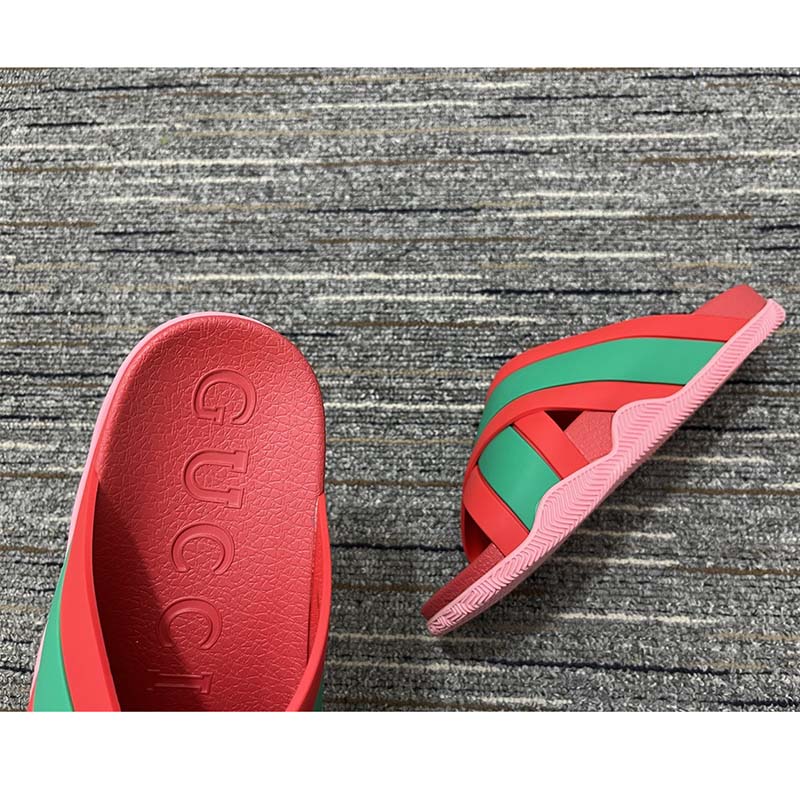 Gucci Women Web Slide Sandal Green Red Rubber Web Straps Rubber Sole Flat