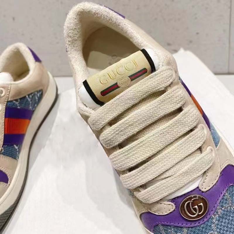 Gucci Unisex Screener Sneaker Purple Red Web Cream Scrap Less Leather