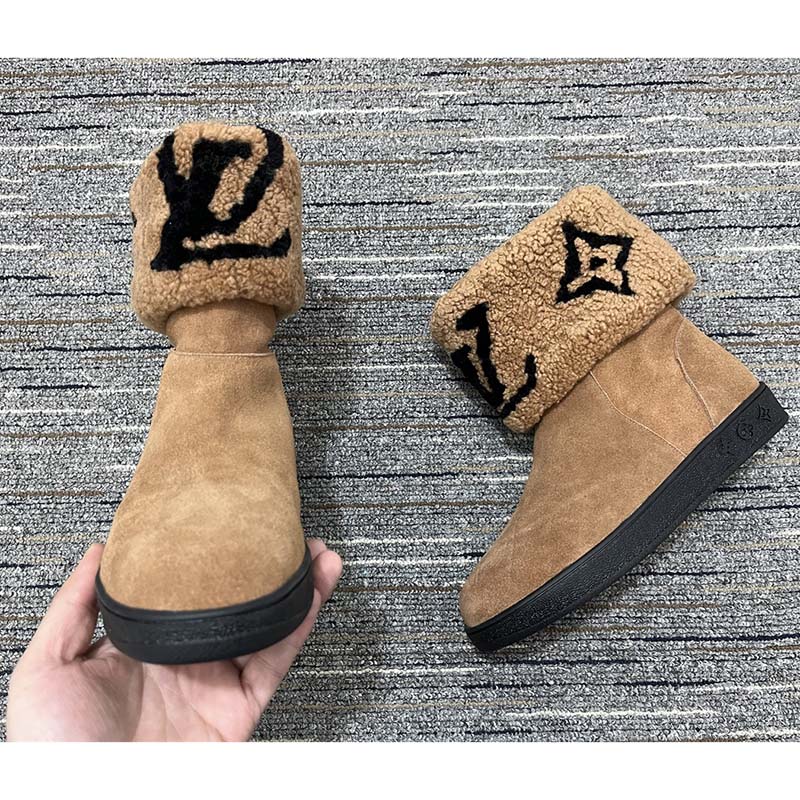 Louis Vuitton Women LV Snowdrop Flat Ankle Boot Brown Suede Calf Shearling Wool