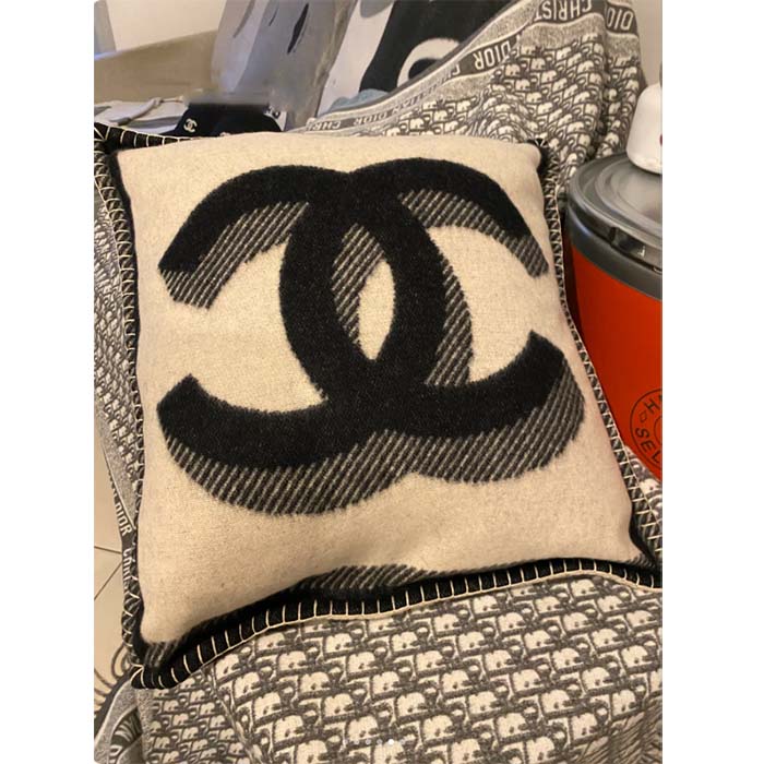 Chanel Unisex CC Cushion Cotton Wool Tweed Beige Black Multifunction