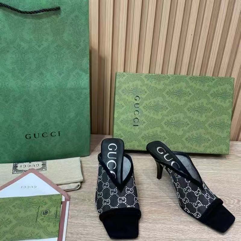 Gucci Women GG Sandal Black Mesh GG Crystals Square Toe Mid-Heel