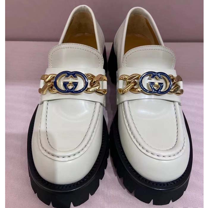Gucci Women GG Lug Sole Loafer White Leather Interlocking G Chain Rubber Flat