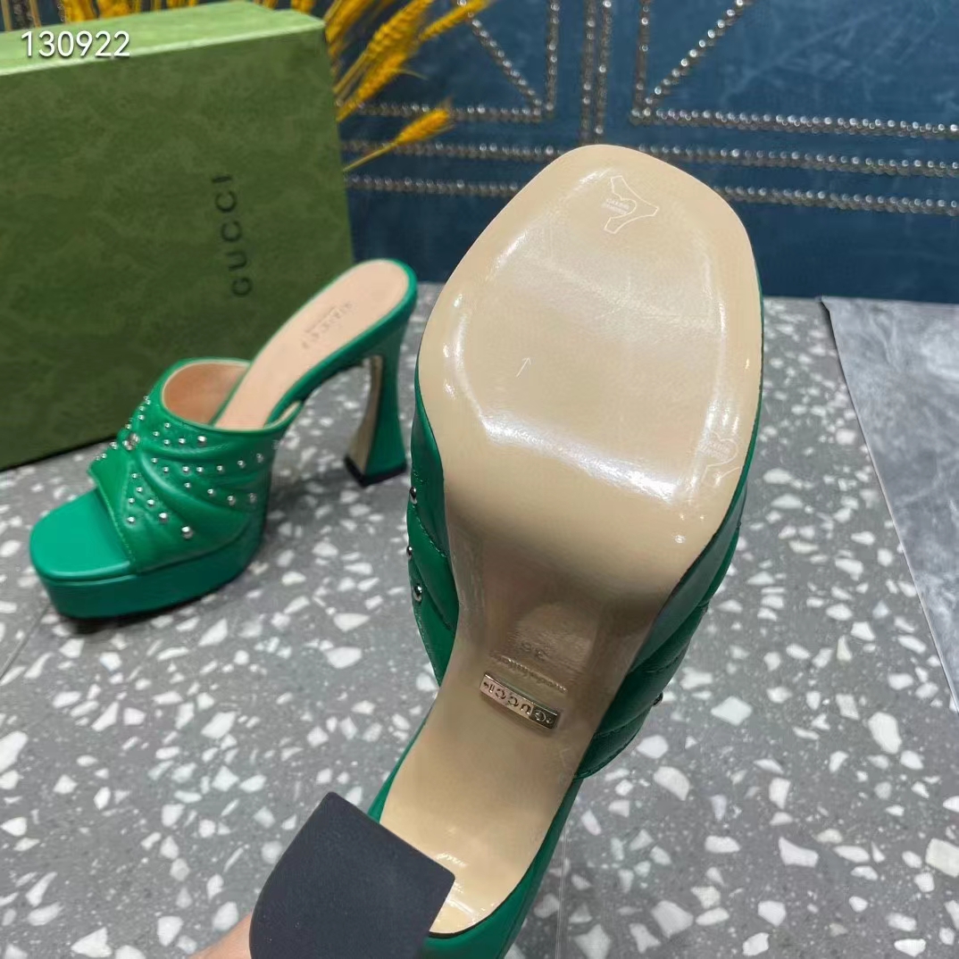 Gucci Women Heeled Slide Sandals Green Leather Studs Spool High 15 Cm Heel