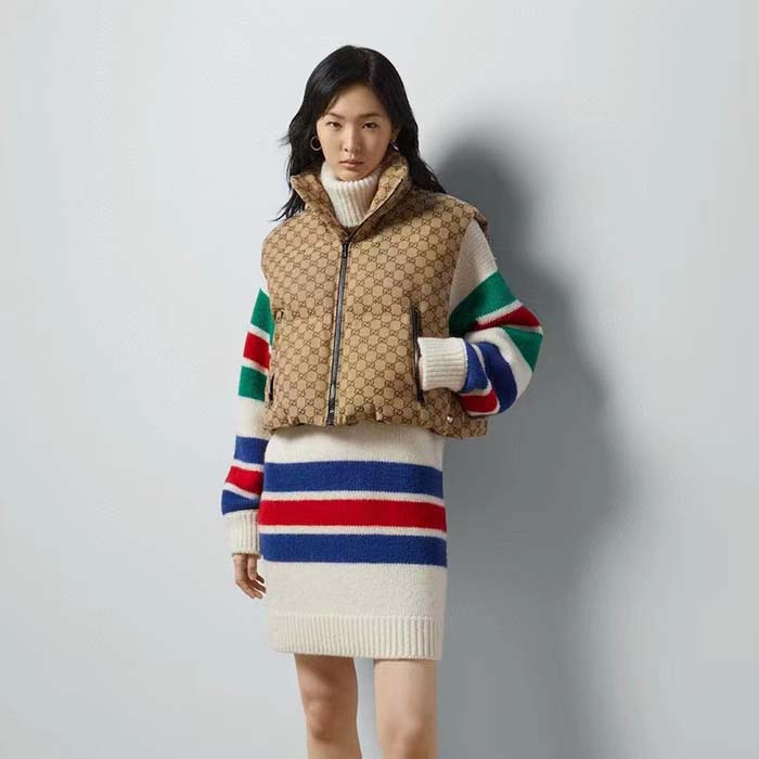 Gucci Women Canvas Padded Gilet GG Canvas Lined Concealed Hood High Neck Sleeveless