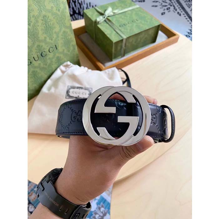 Gucci Unisex GG Signature Leather Belt Black Interlocking G Buckle 3.8 CM Width