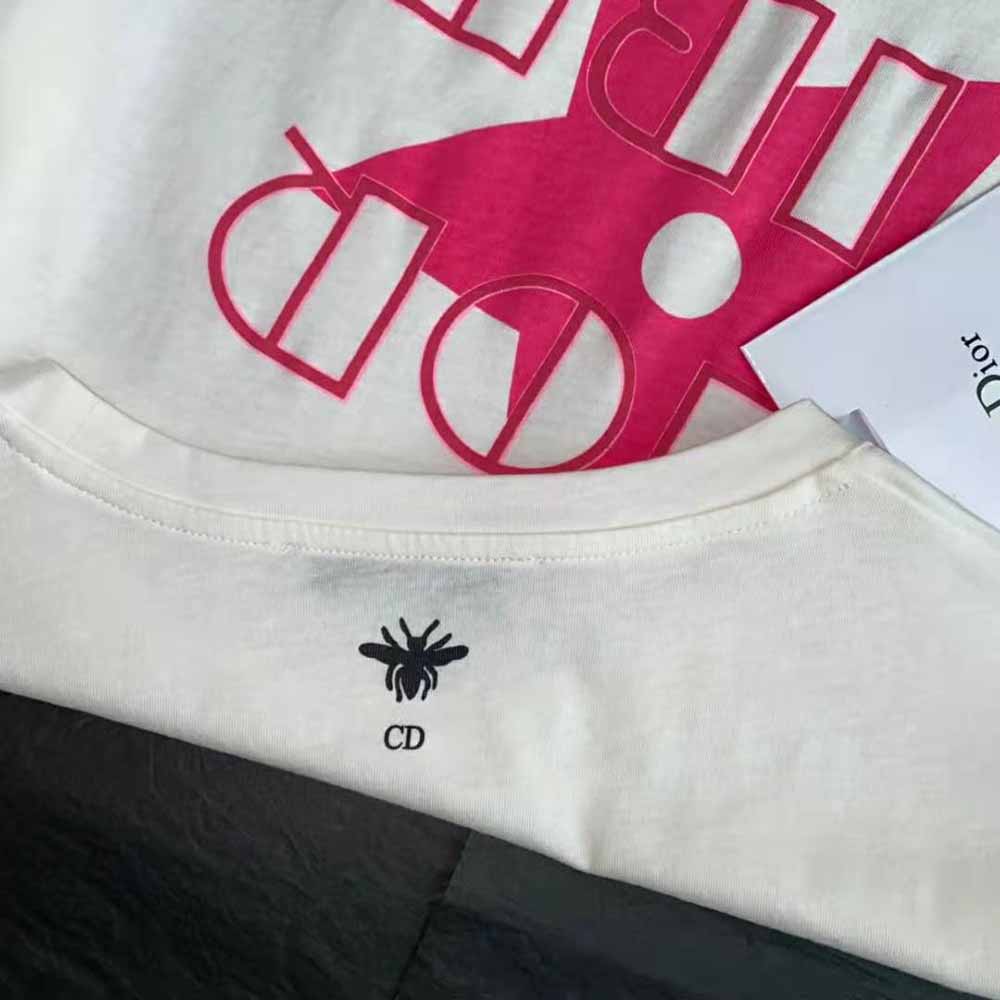 Dior Women Vibe T-shirt Ecru and Fluorescent Pink Cotton and Linen Jersey