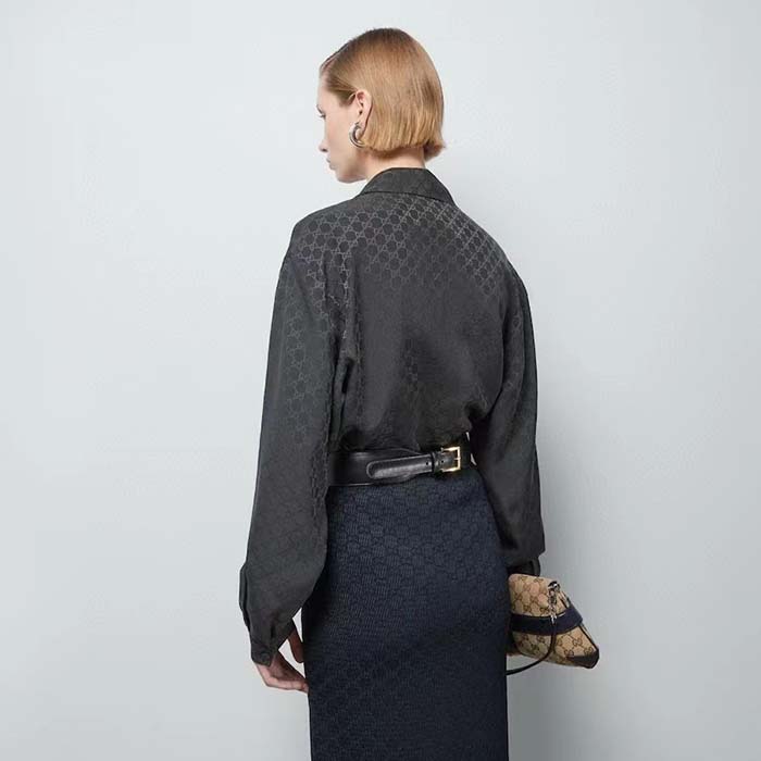 Gucci Women GG Silk Crêpe Shirt Neck Bow V Neck Gathered Yoke