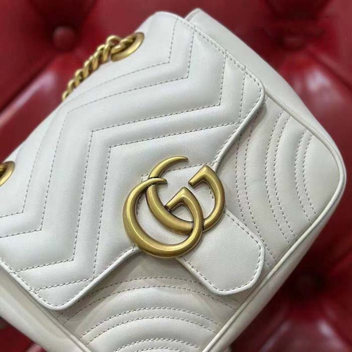 Gucci Women GG Marmont Matelassé Mini Tote Bag White Chevron Leather Double G