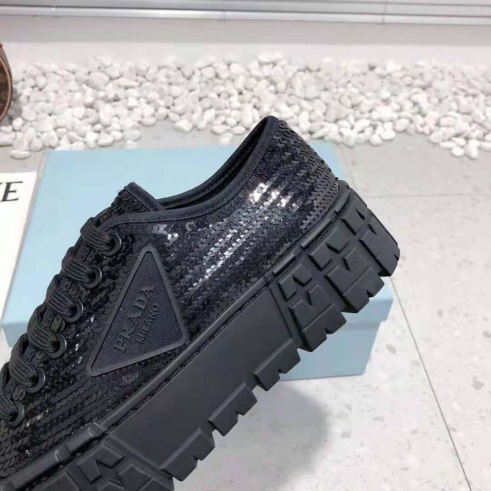Prada Women Double Wheel Sequin Sneakers-Black