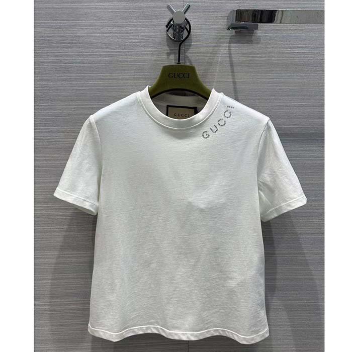 Gucci Men GG Light Cotton Jersey Shirt Crystal Round Neck Short Sleeves