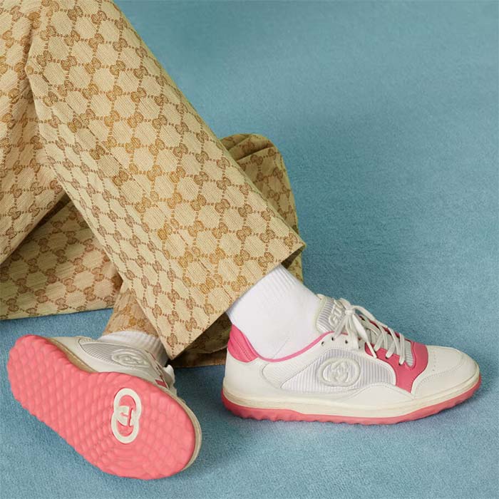 Gucci Unisex GG MAC80 Sneakers Off White Pink Leather Round Toe Rubber Flat