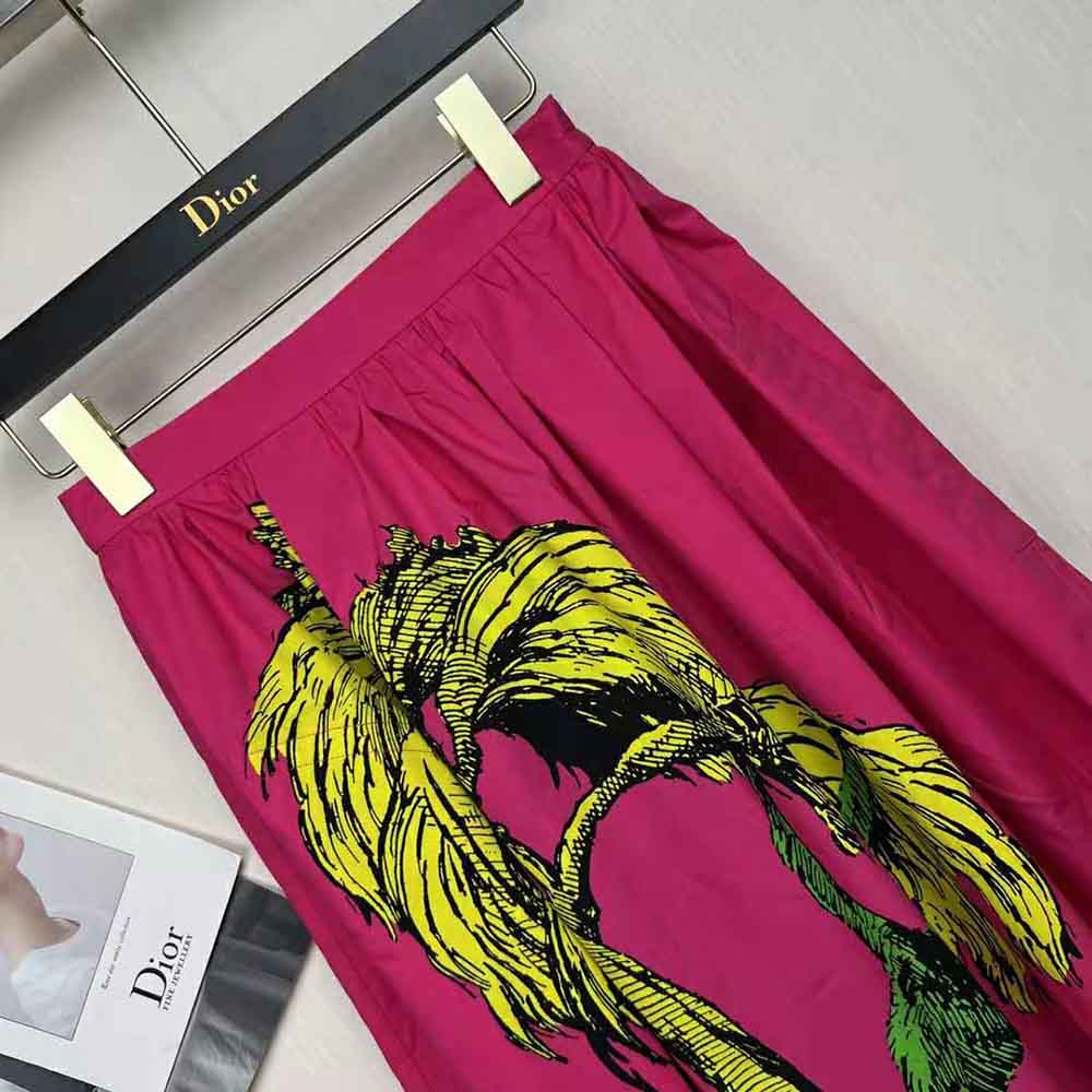Dior Women Mid-Length Pleated Skirt Pink Cotton Poplin with Multicolor D-Tiger Pop Motif