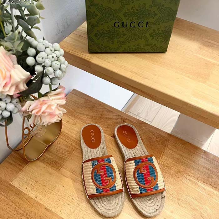 Gucci Unisex GG Interlocking G Espadrille Natural Raffia Leather Round Flat Sandal