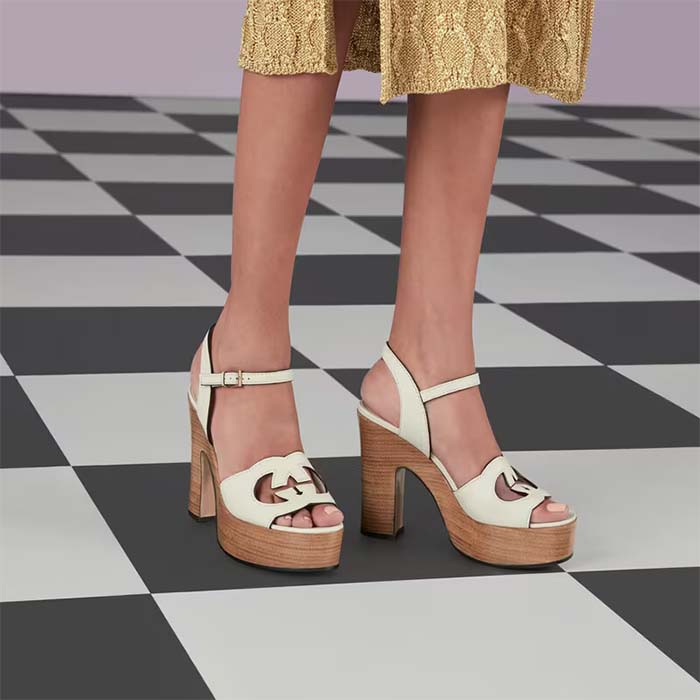 Gucci Women GG Interlocking G Sandal White Leather Wooden High 12 Cm Heel