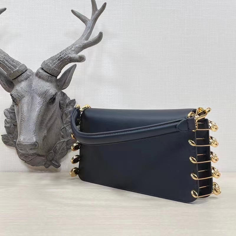 Fendi Women FF Baguette Brooch Fendace Black Leather Bag