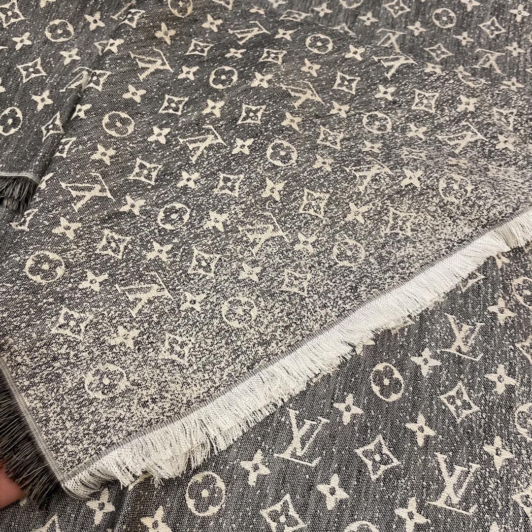Louis Vuitton LV Unisex Monogram Jacquard Denim Shawl Gray Cotton Wool Silk